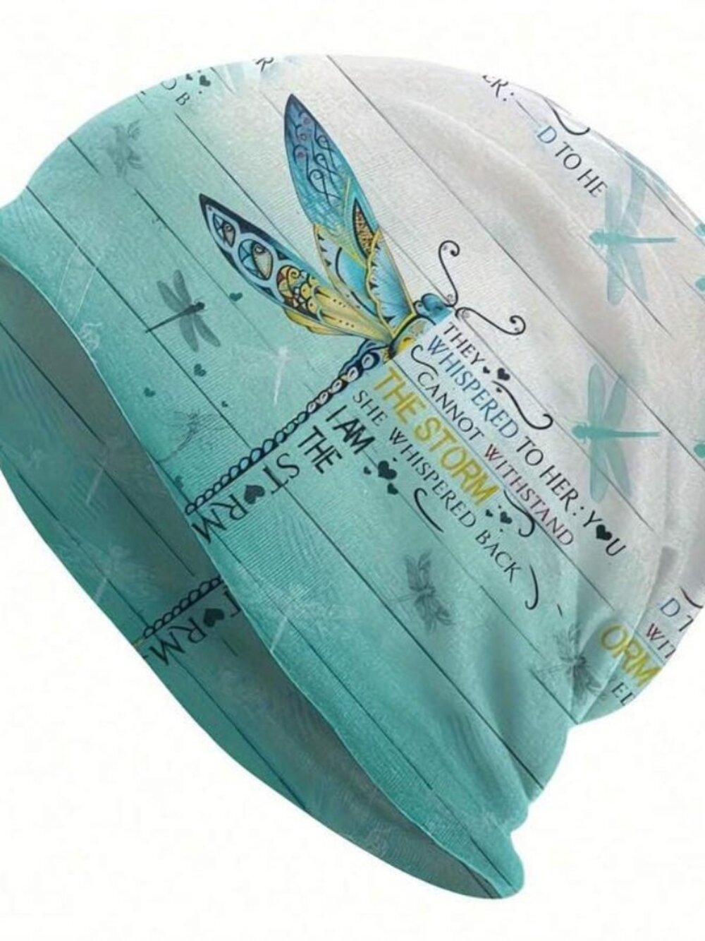 Women's Dragonfly Slouchy Beanie I Am The Storm Inspirational Teal Skull Cap
